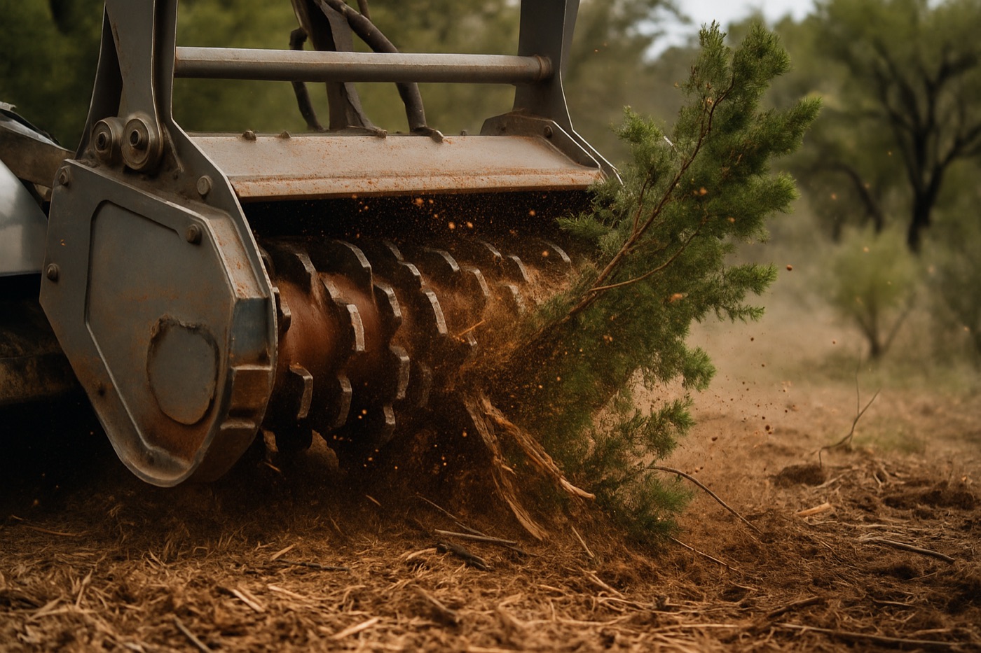 Forestry mulching machine grinding cedar brush into mulch on Bastrop County land